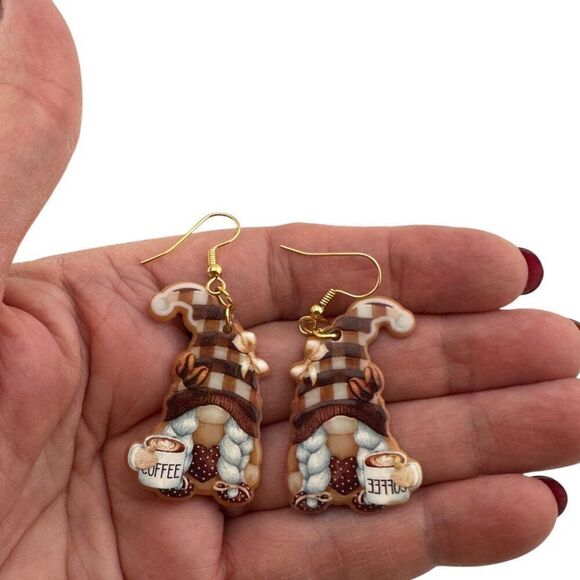 Coffee Break Gnome Earrings Gold Plated Earwires - Picture 6 of 8